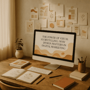 Visual storytelling in digital marketing displayed on a creative workspace desk